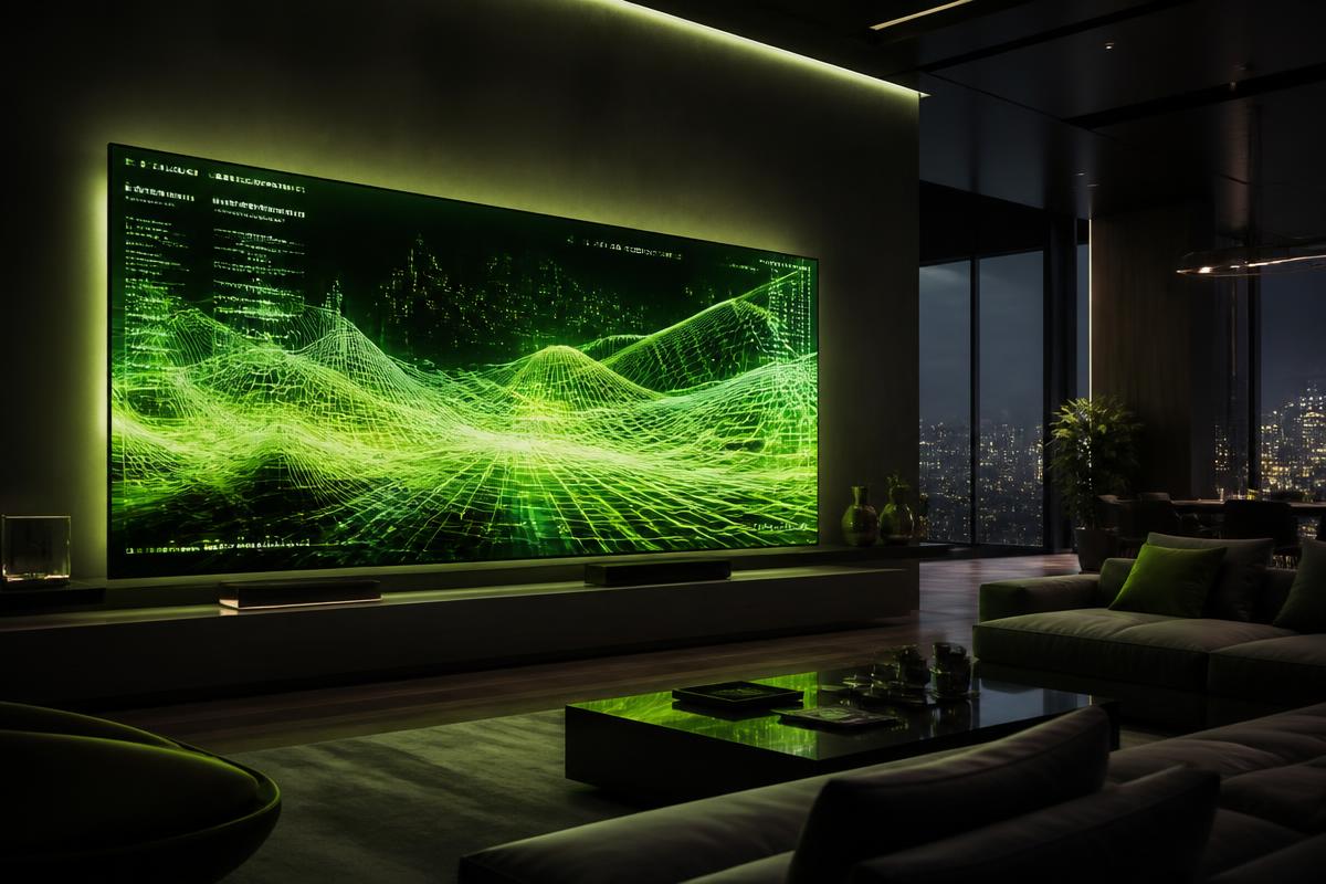 Futuristic living room with a massive ultra-thin television displaying abstract data patterns